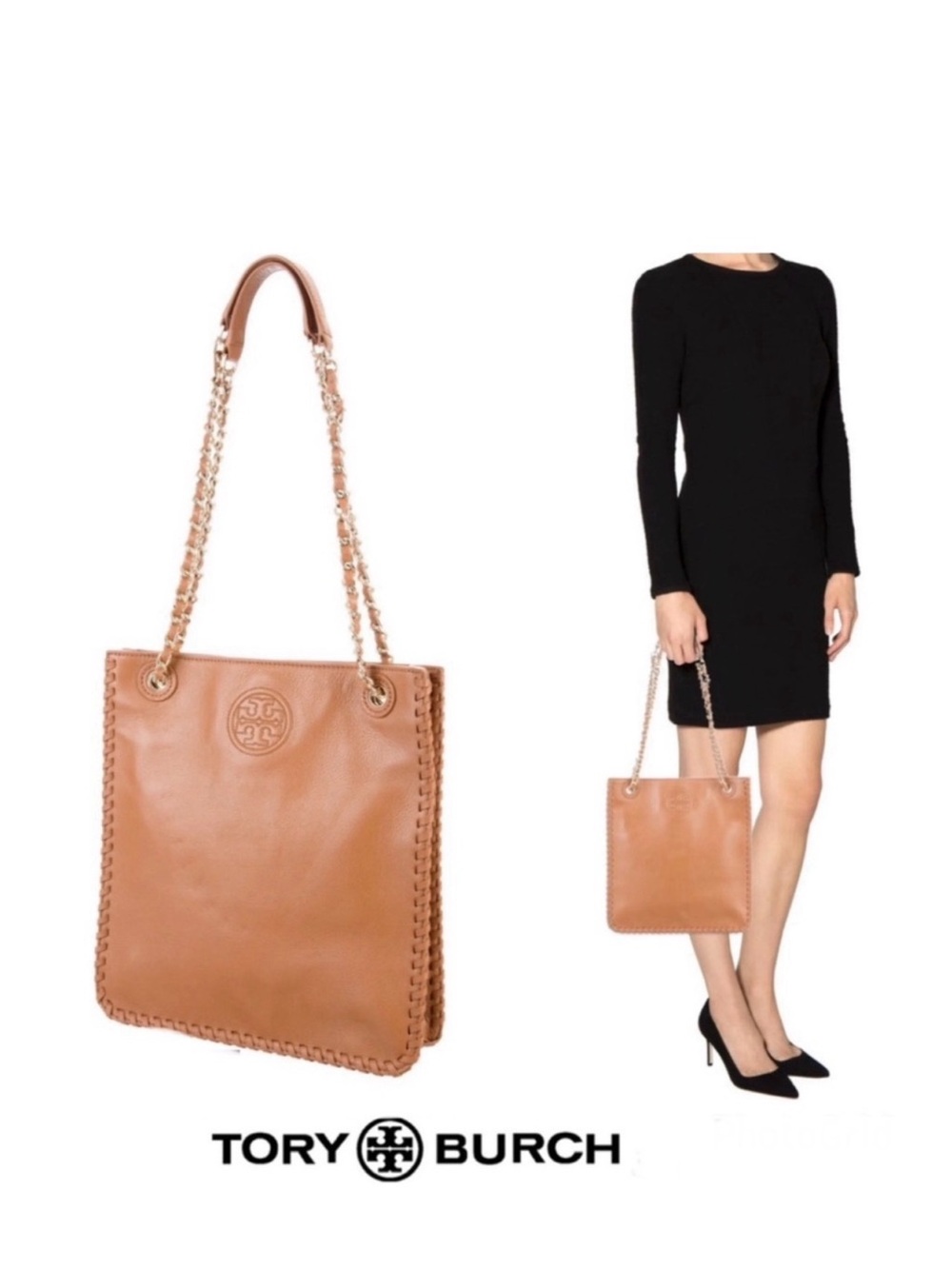 TORY BURCH Marion Tan Pebbled Leather Link Chain Handle Whipstitch Shoulder Bag
